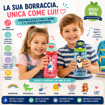 Borraccia Personalizzata per Bambini – Nome + Disegno 🎒