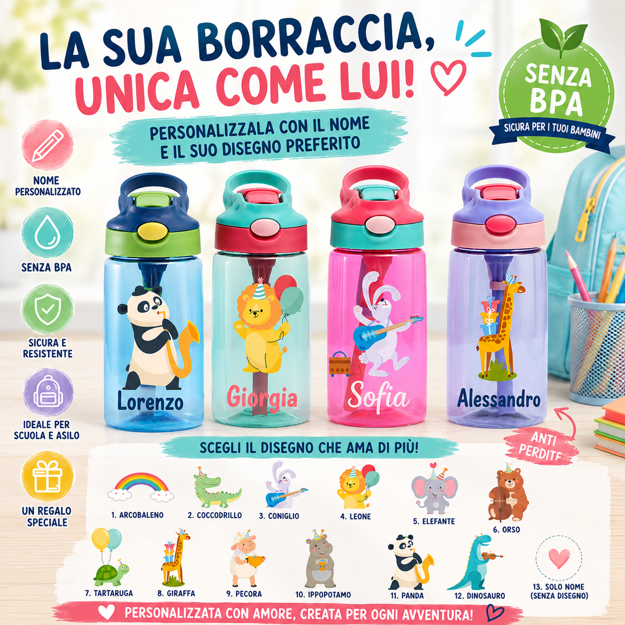 Borraccia Personalizzata per Bambini – Nome + Disegno 🎒